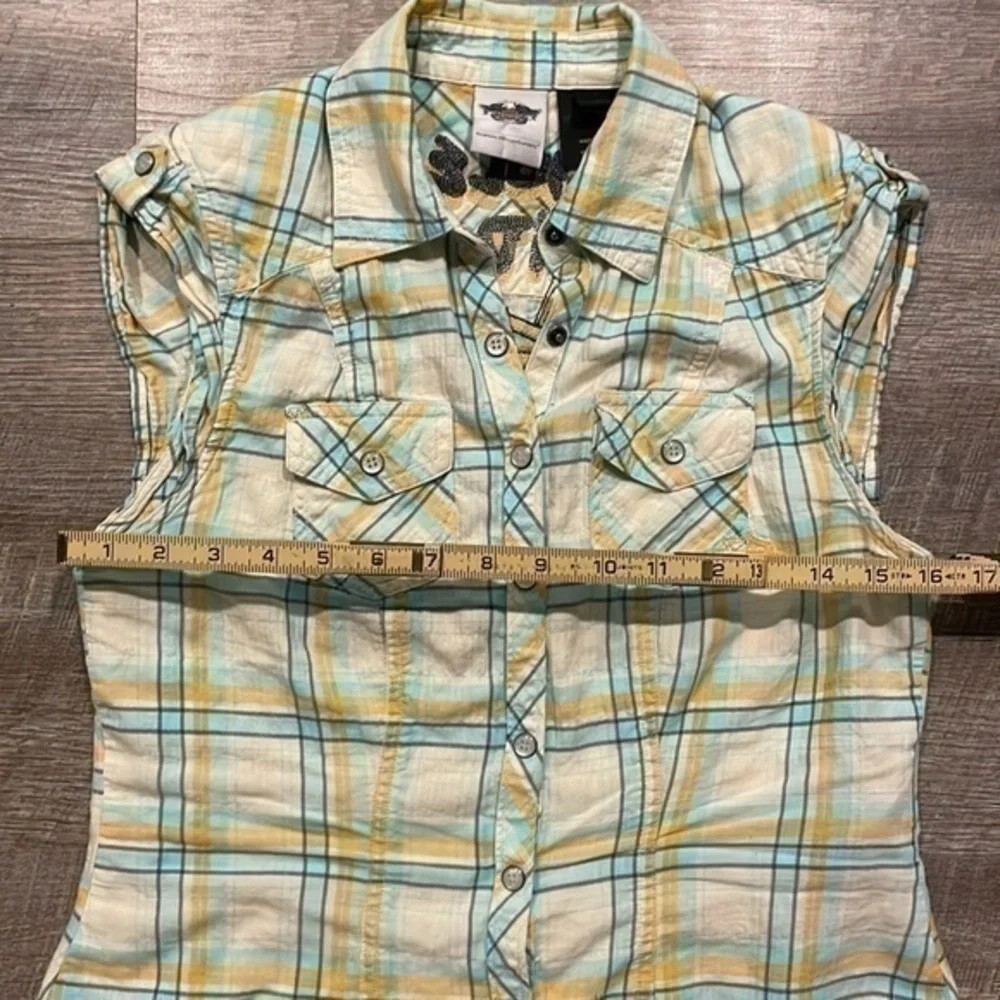 Harley Davidson capped sleeve white/blue/orange plaid embroidered logo top XS - Picture 10 of 13